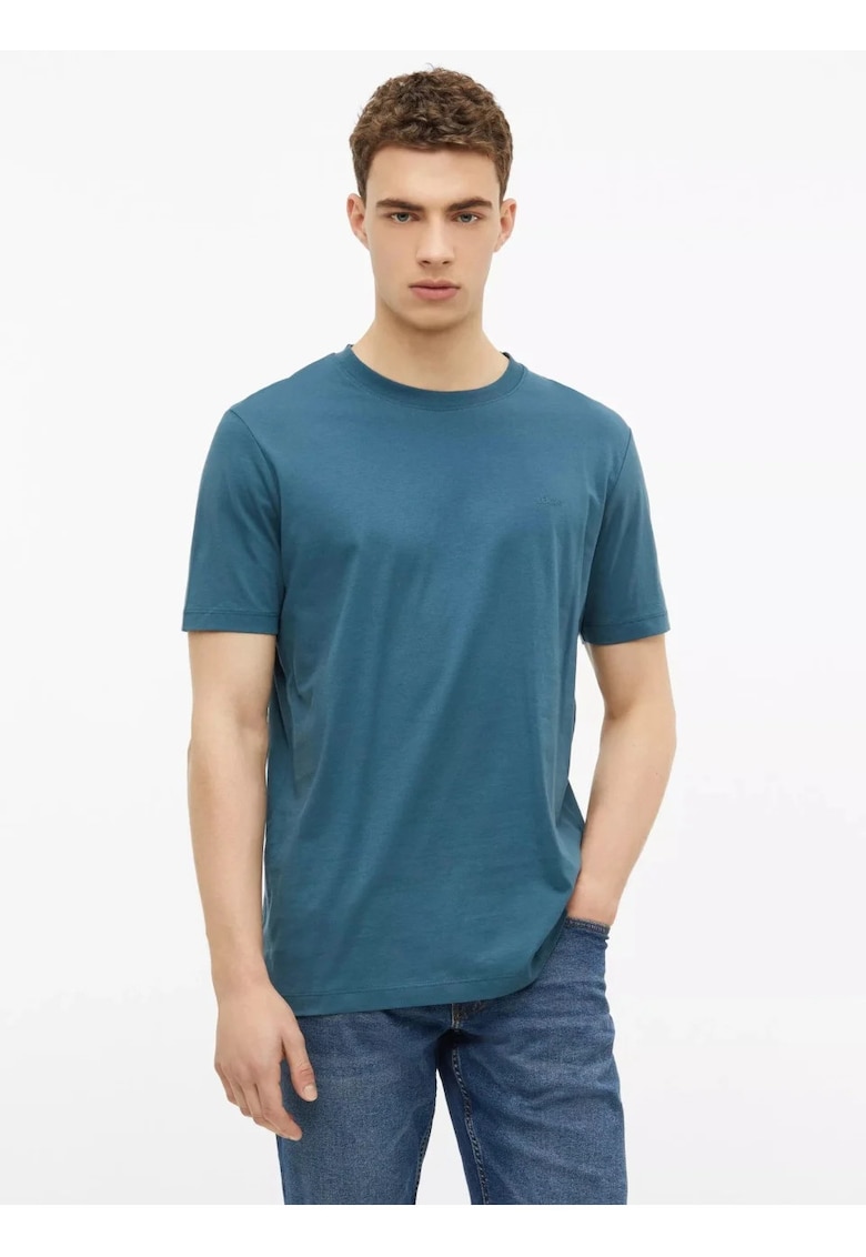 Tricou barbati - din bumbac - la baza gatului - Regular fit - Albastru petrol