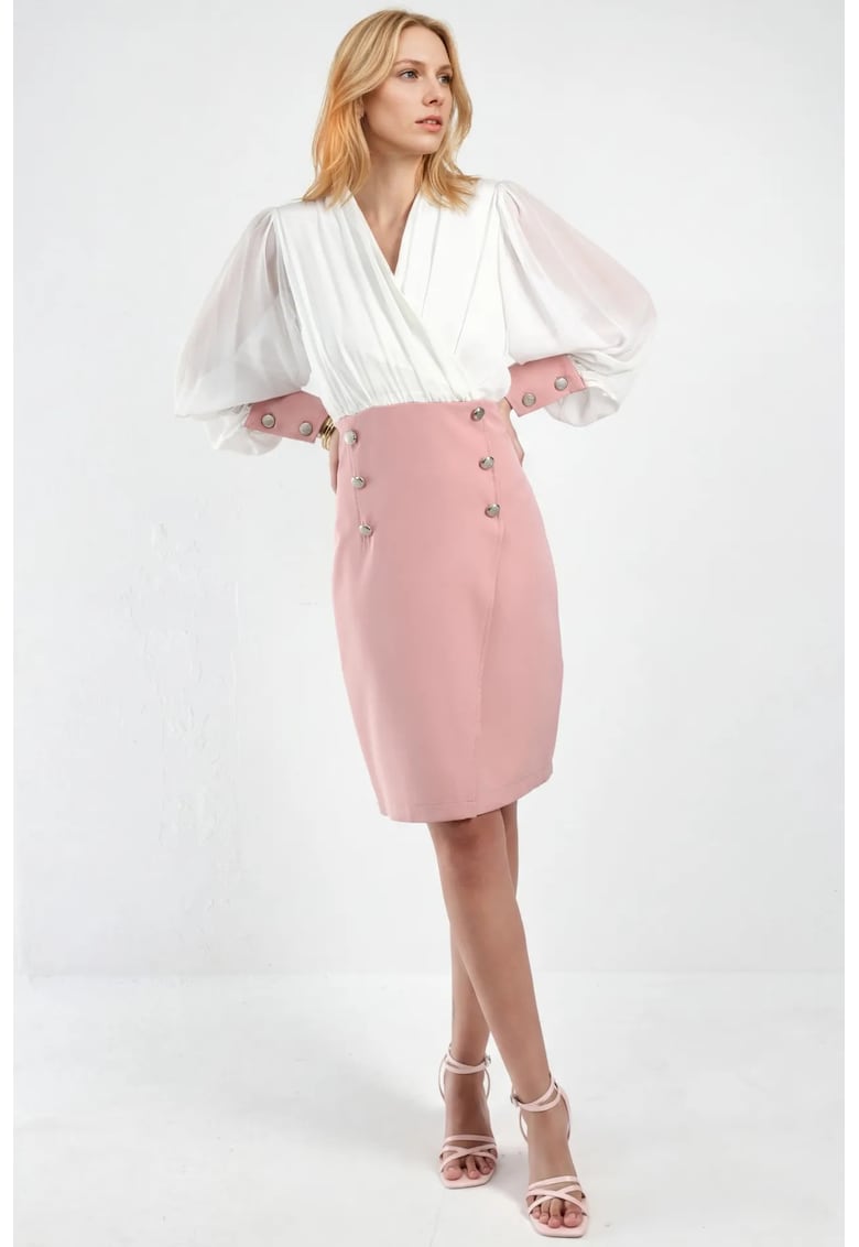 Rochie midi - decolteu in V - detalii cu nasturi - roz - poliester-lycra