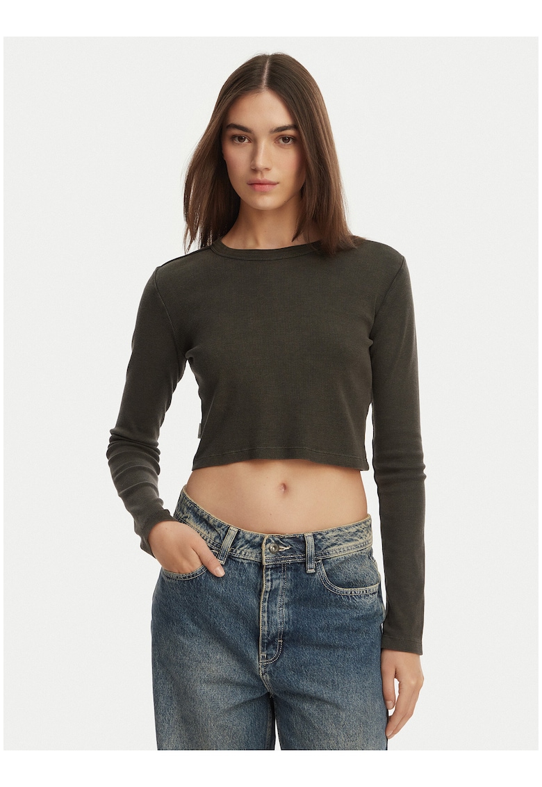 Bluza dama - negru - bumbac organic - maneca lunga - croiala crop -
