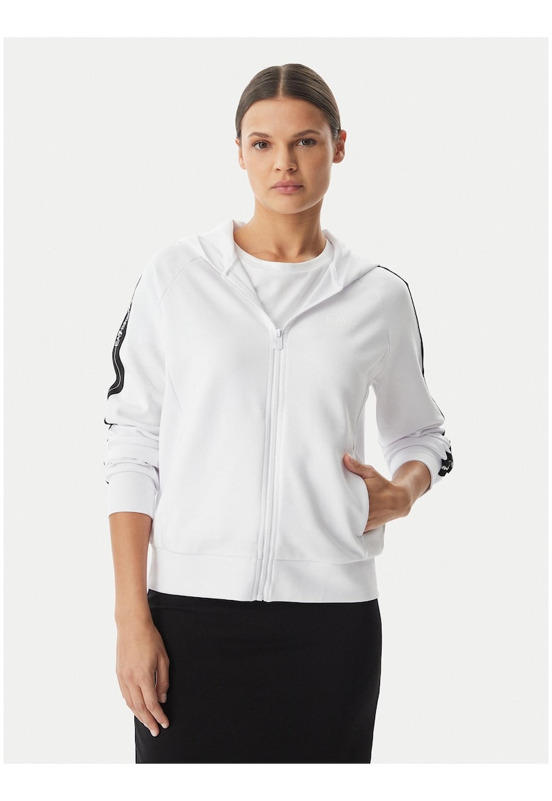 Дамски суичър - Emporio Armani - бял - памук/модал - дълъг ръкав - с цип