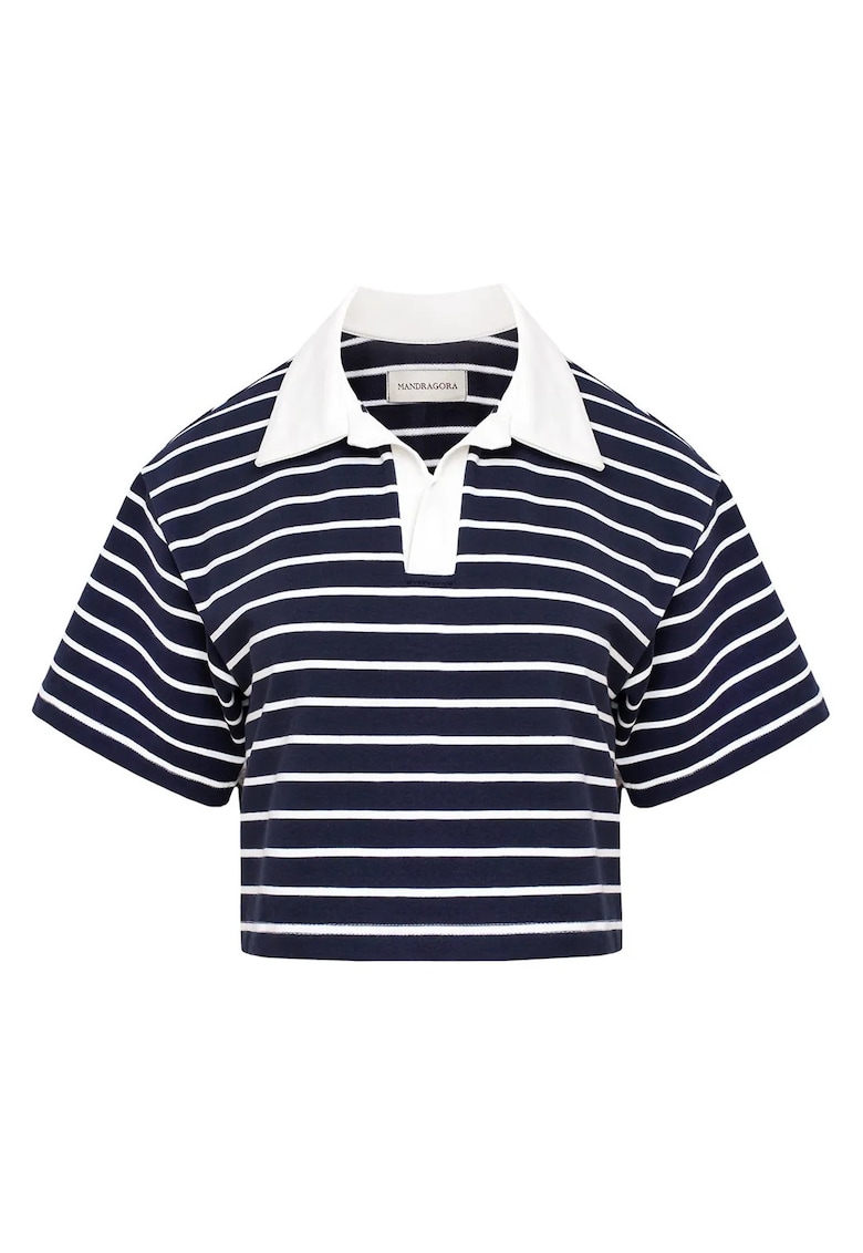 Tricou crop cu guler polo Goia - Alb/Bleumarin