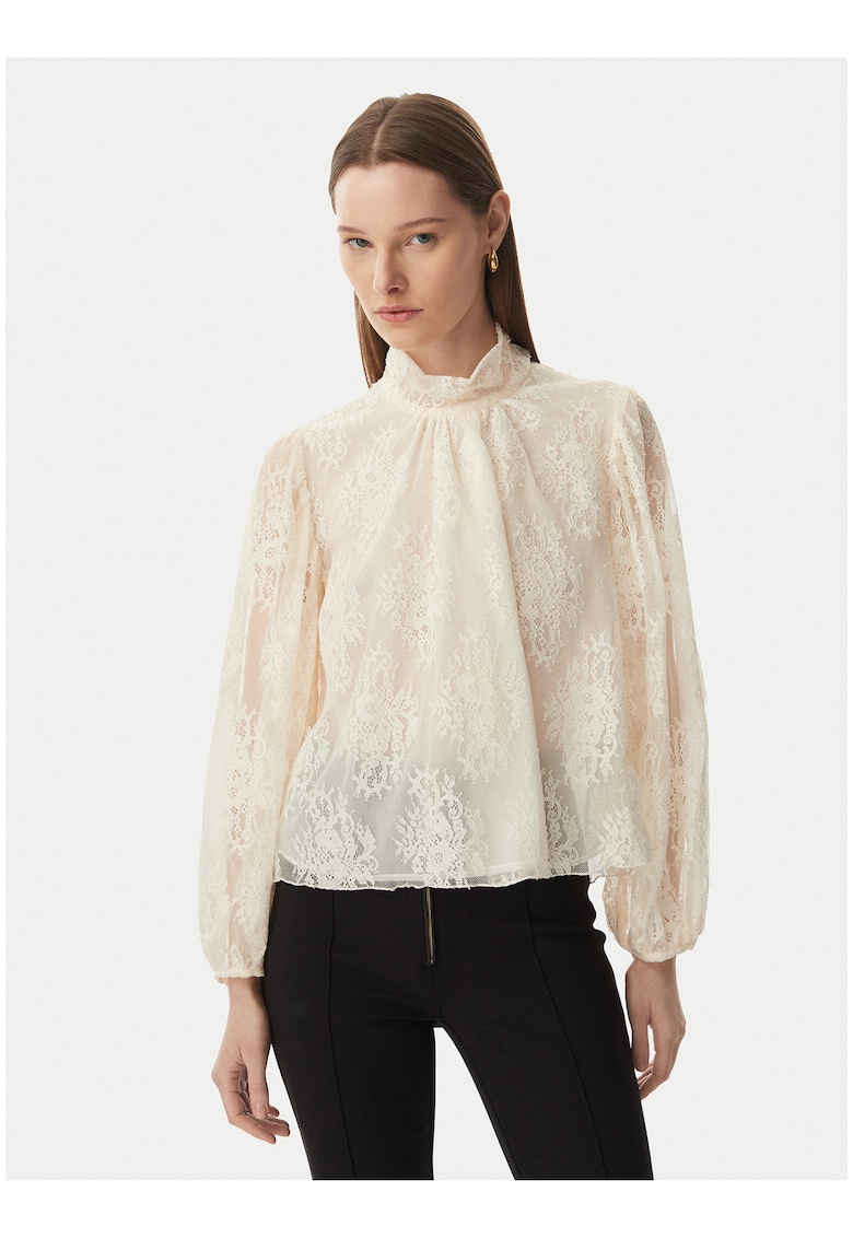 Bluza dama - bej - poliamida si bumbac - maneca lunga - imprimeu floral