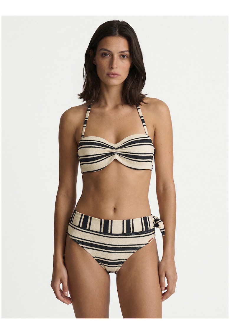 Costum de baie bikini dama - dungi elegante - bej/negru - material sintetic