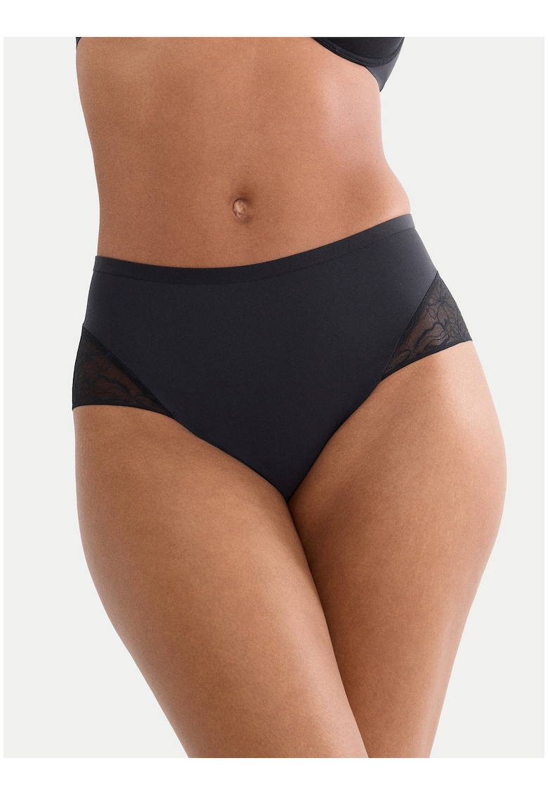 Chiloti clasici cu talie inalta - negru - material elastic - dantela