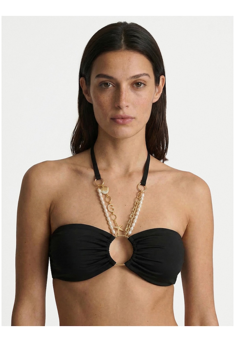 Top de bikini dama - negru - cu cupe detasabile - margele delicate - material elastic