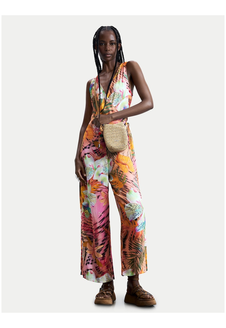DESIGUAL Дамски гащеризон - флорален - V-образно деколте - червен - вискоза и лен