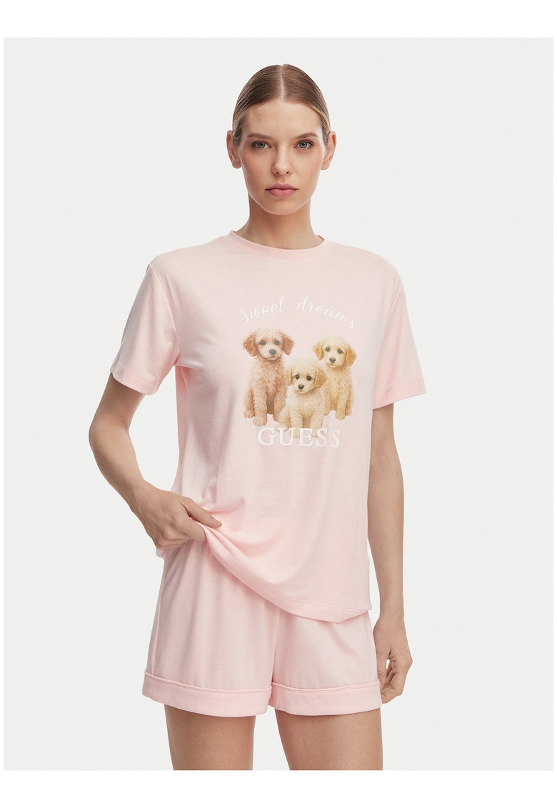 Pijama dama - roz - maneca scurta - poliester-viscoza