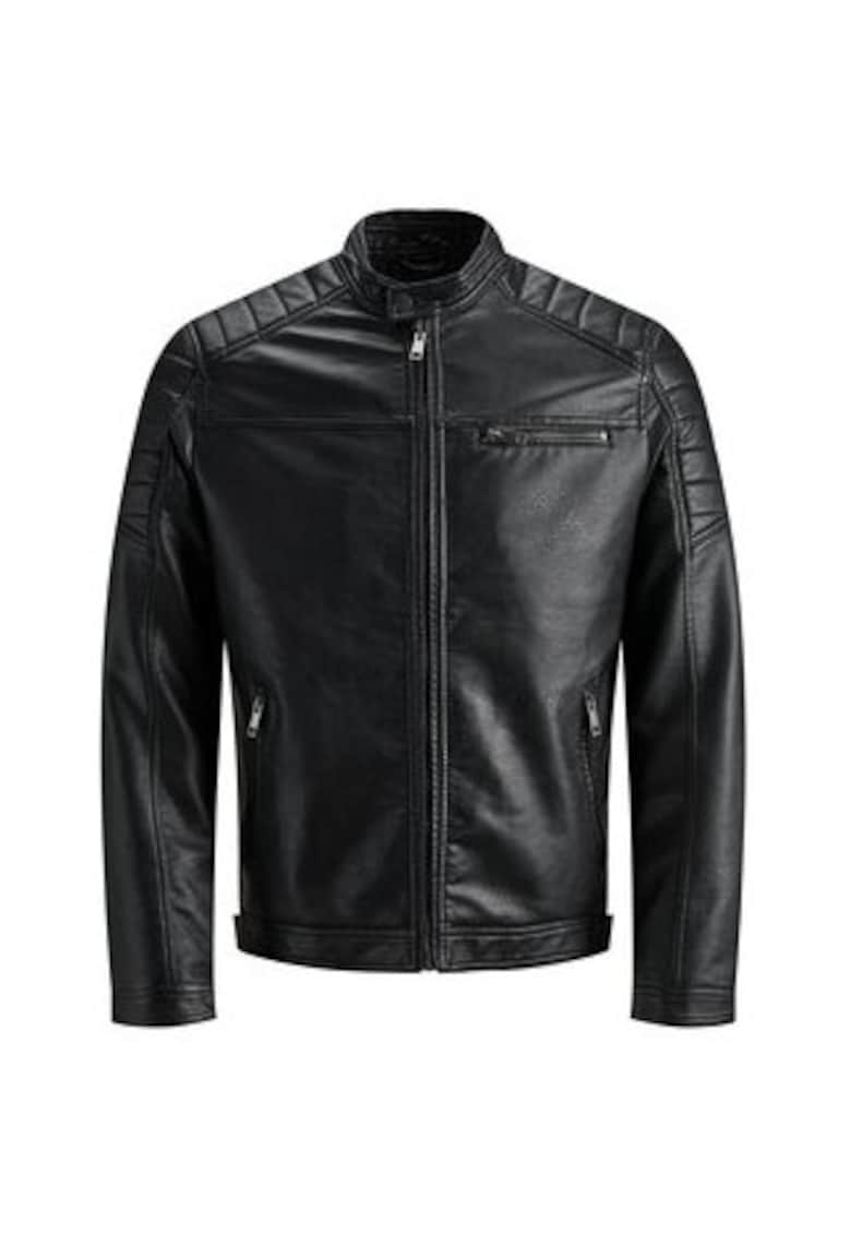 Geaca barbati - neagra - piele ecologica - fara gluga - fermoar - croiala regular fit -
