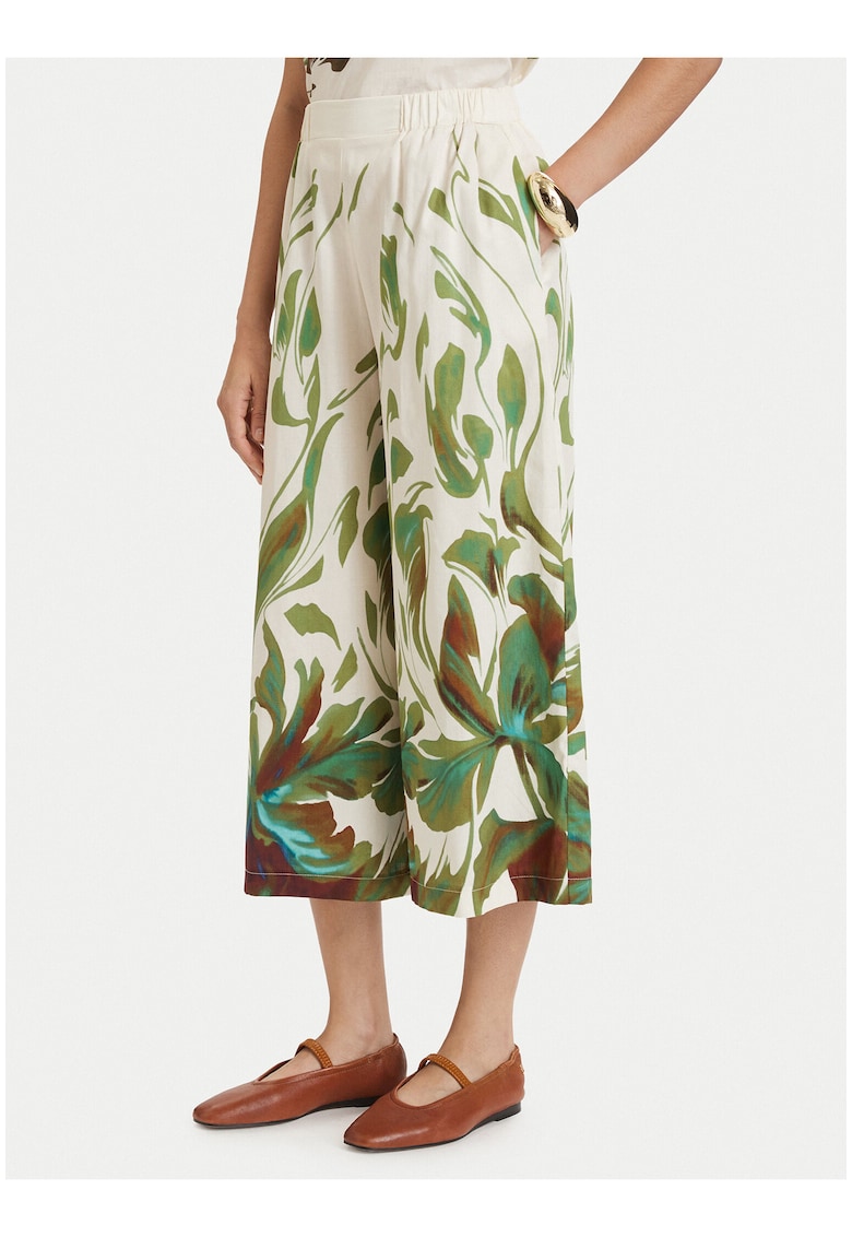 Pantaloni culottes dama - bej-verde - croiala ampla - bumbac