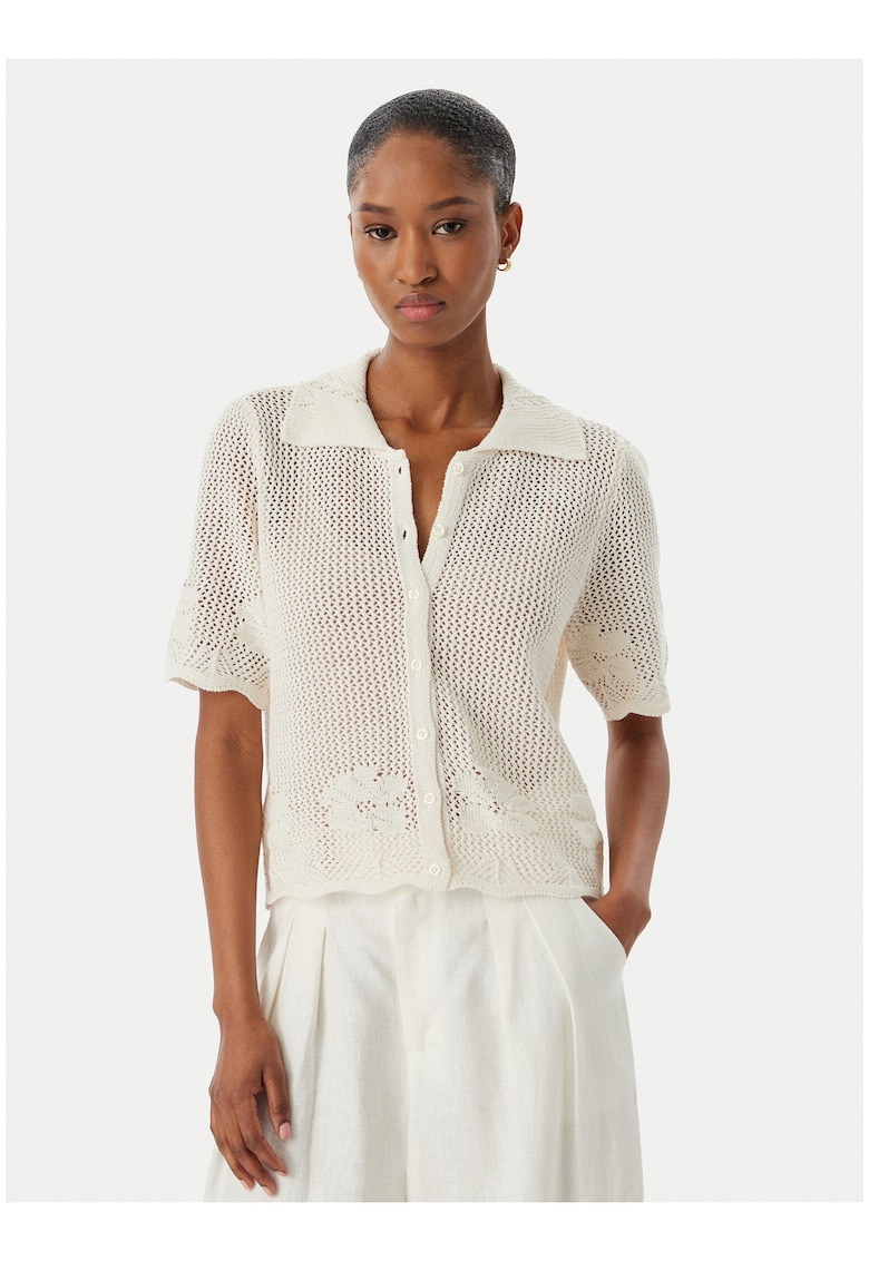 Cardigan dama - bej - bumbac organic - poliester - acril - maneca scurta