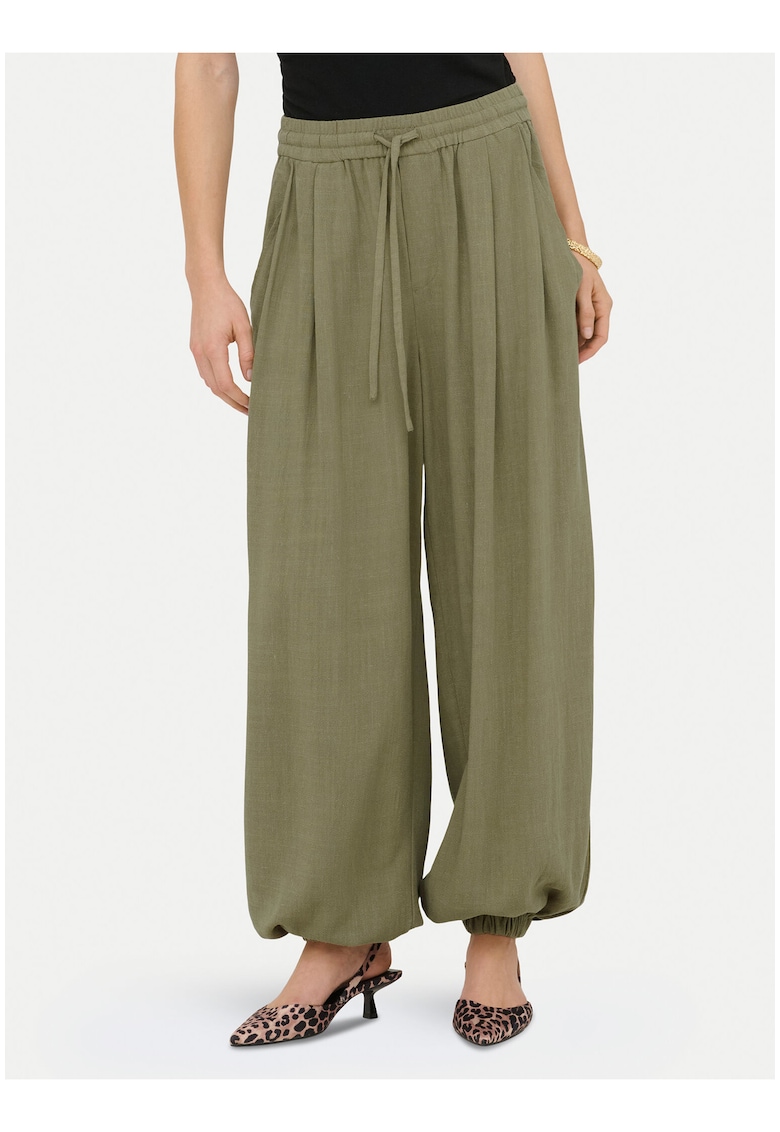Pantaloni dama - casual - verde - viscoza si in - talie inalta - croiala lejera
