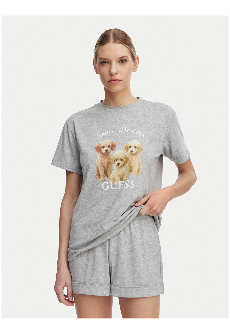 Pijama dama - gri - material poliester-viscoza - imprimeu grafic - maneca scurta