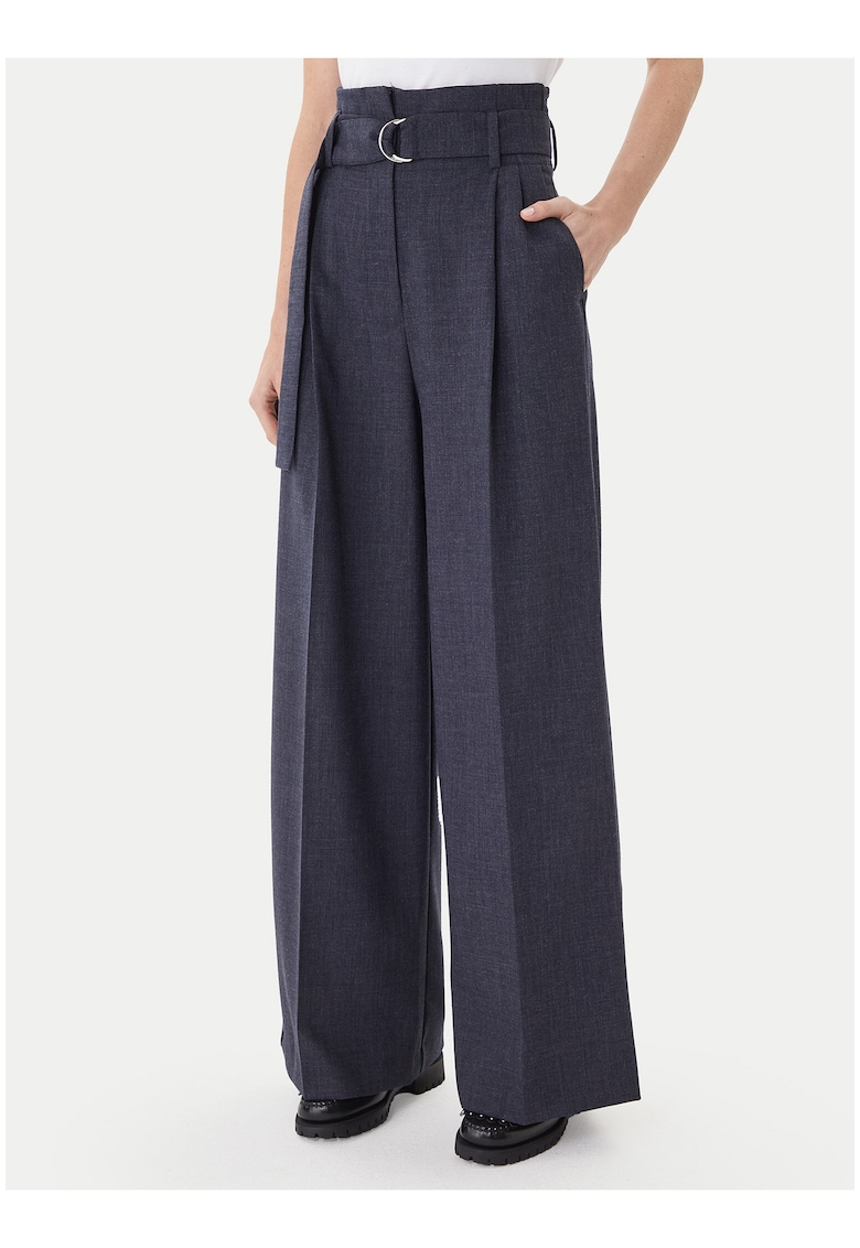Pantaloni dama - bleumarin - talie inalta - picioare largi - set cu curea din material textil -