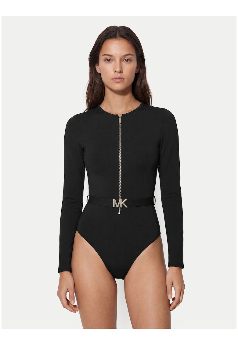 Costum de baie dama - negru - maneci lungi - curea inclusa - material sintetic