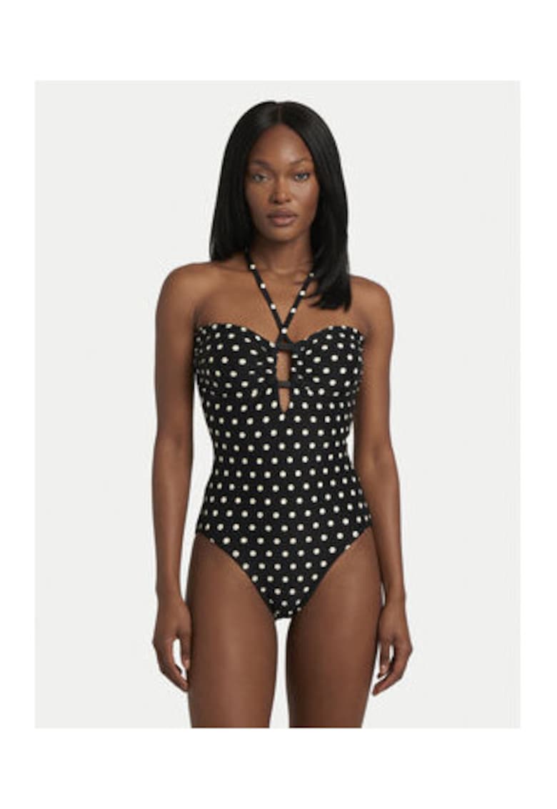 Costum de baie intreg - negru - buline - material elastic -