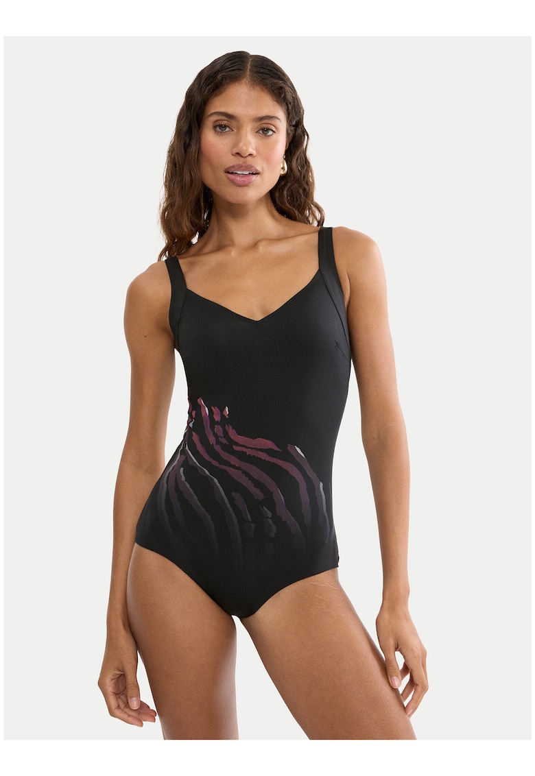 Costum de baie dama - imprimeu zebra - negru/maro - din material sintetic