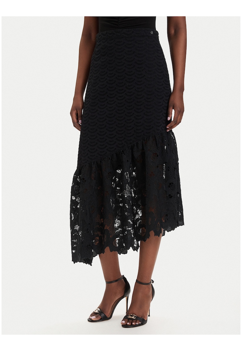Fusta midi - neagra - bumbac - casual - imprimeu floral