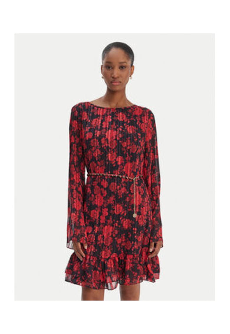 Rochie casual - floral - negru si rosu - poliester - maneci lungi - fara inchidere - 2XL
