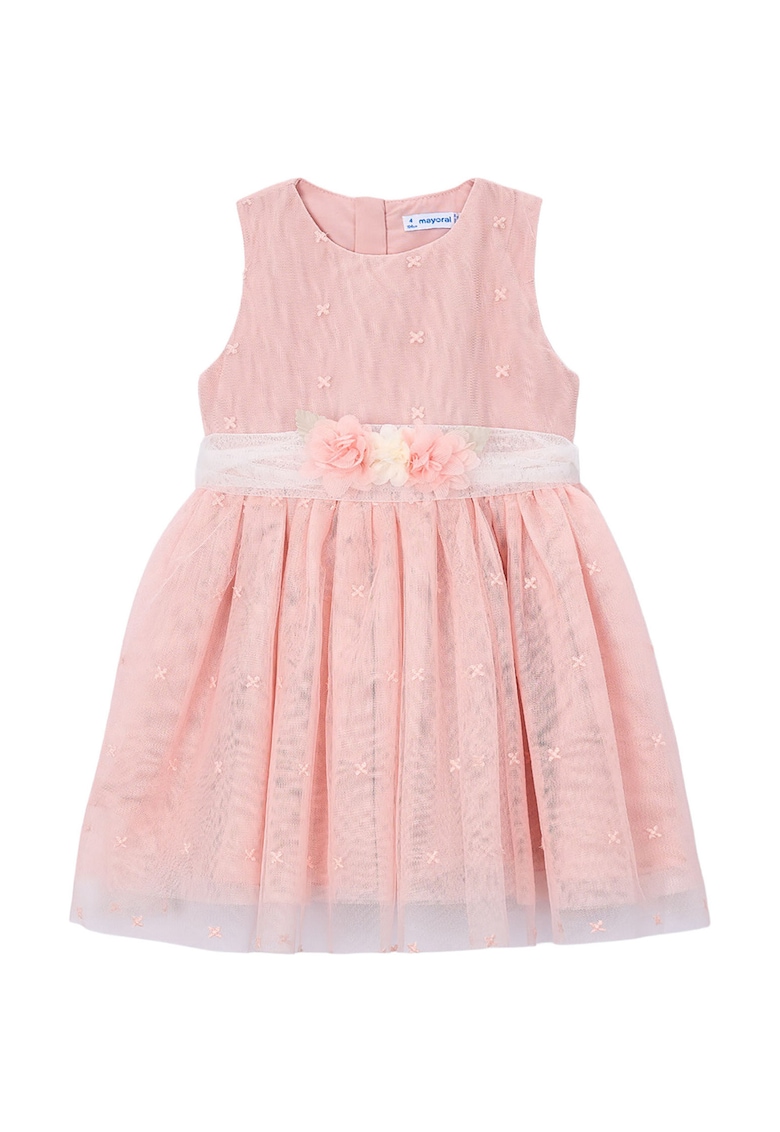 Rochie fete - roz - finisaj din tul - set cu curea decorativa - poliester -