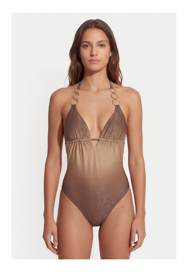 Costum de baie dama - maro - material sintetic - croiala clasica