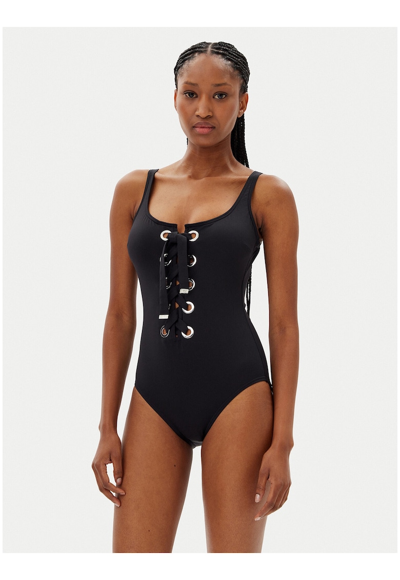 Costum de baie Dama - legatura frontala - negru - nylon/elastan