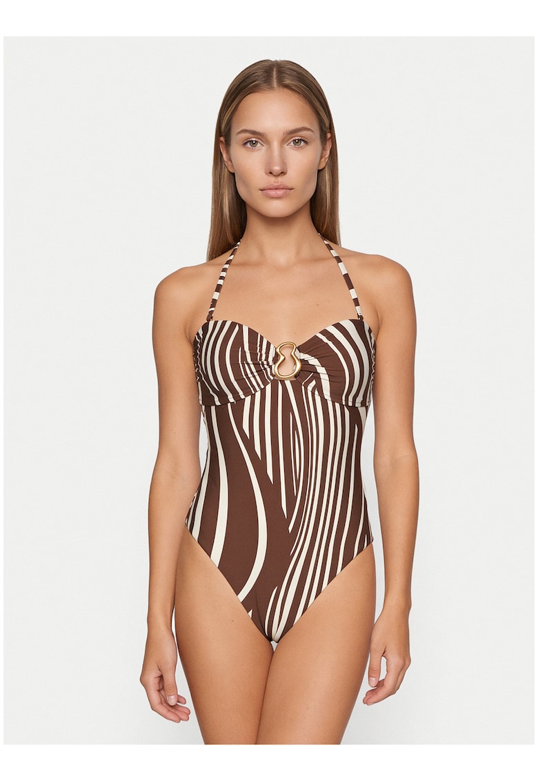 Costum de baie dama - maro - imprimeu grafic - material sintetic