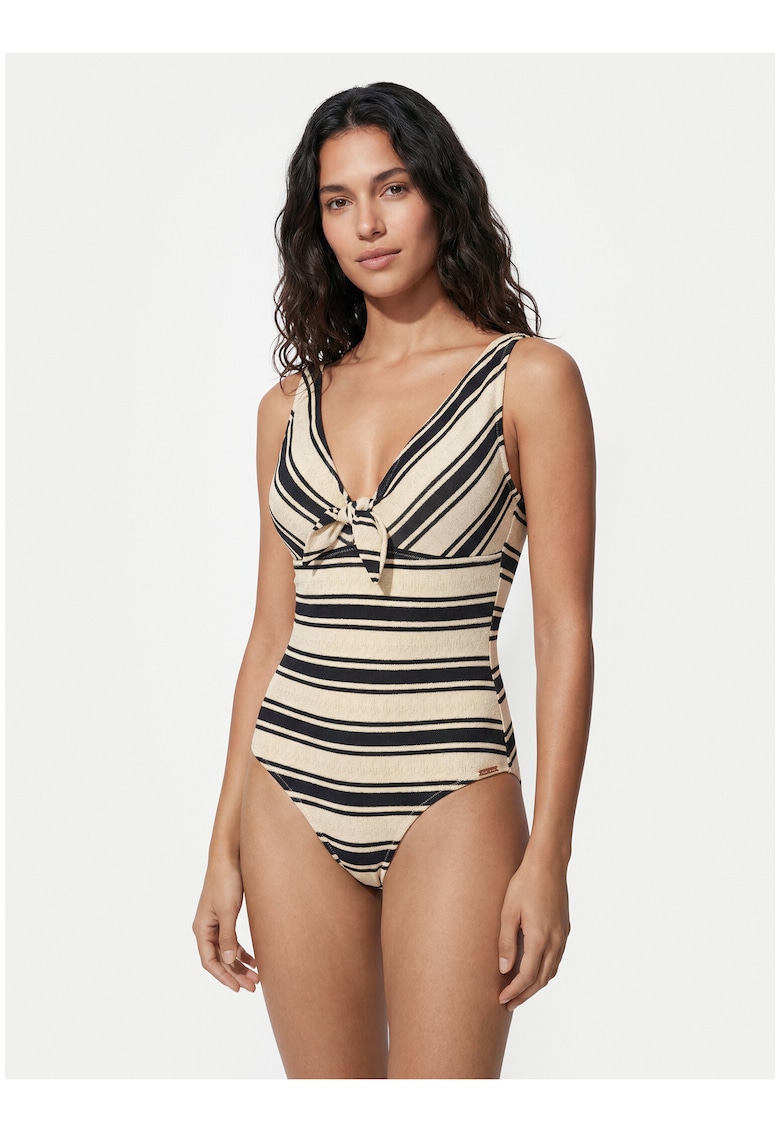 Costum de baie dama - dungi - bej - material sintetic