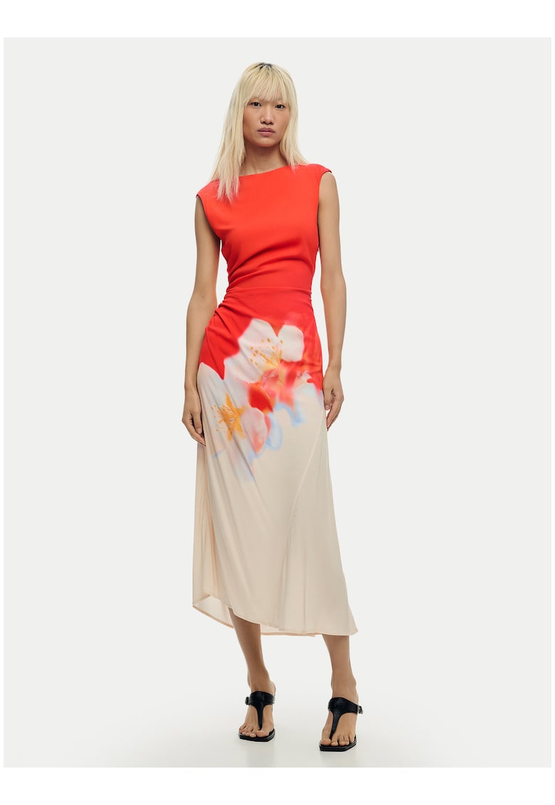 Rochie de vara - crem-portocalie - casual - fara maneca - viscoza -