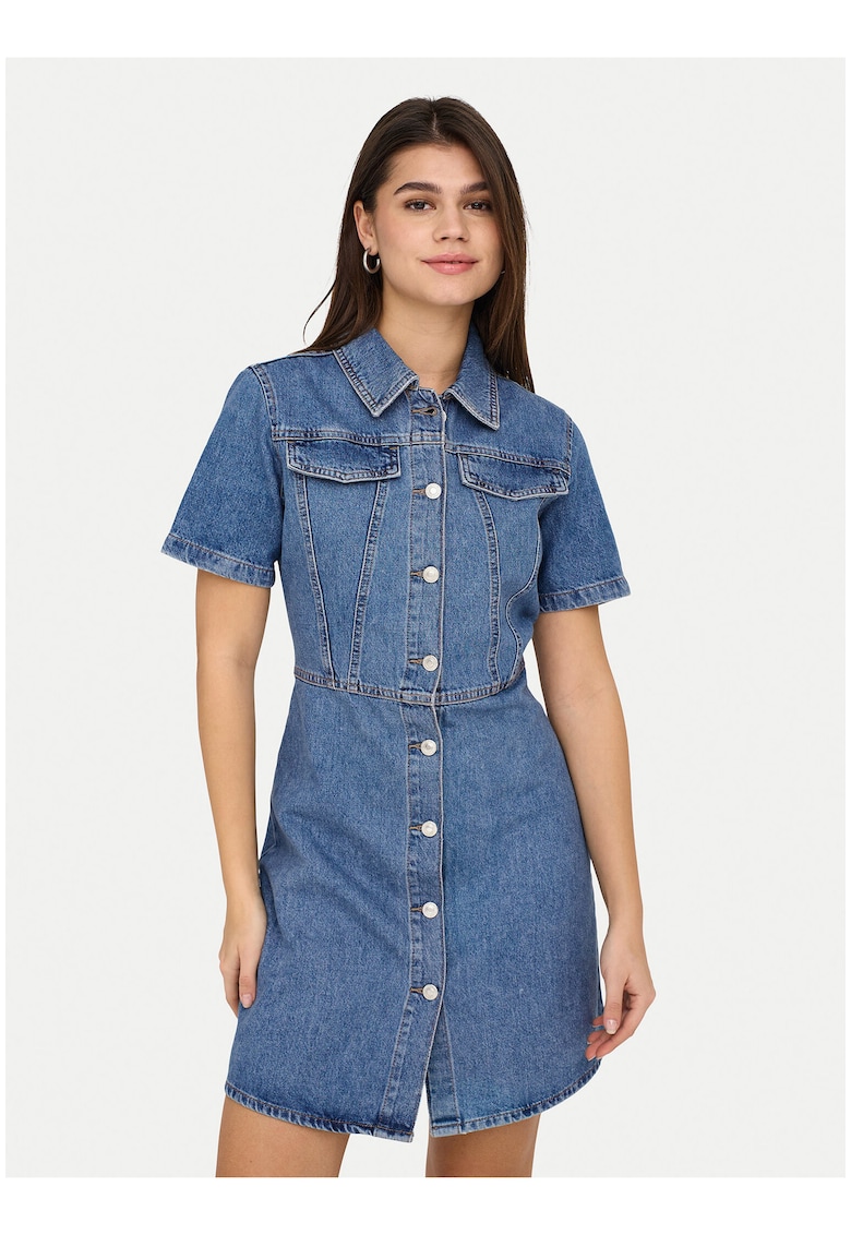 Rochie din denim - albastru - bumbac organic - maneci scurte - croiala lejera