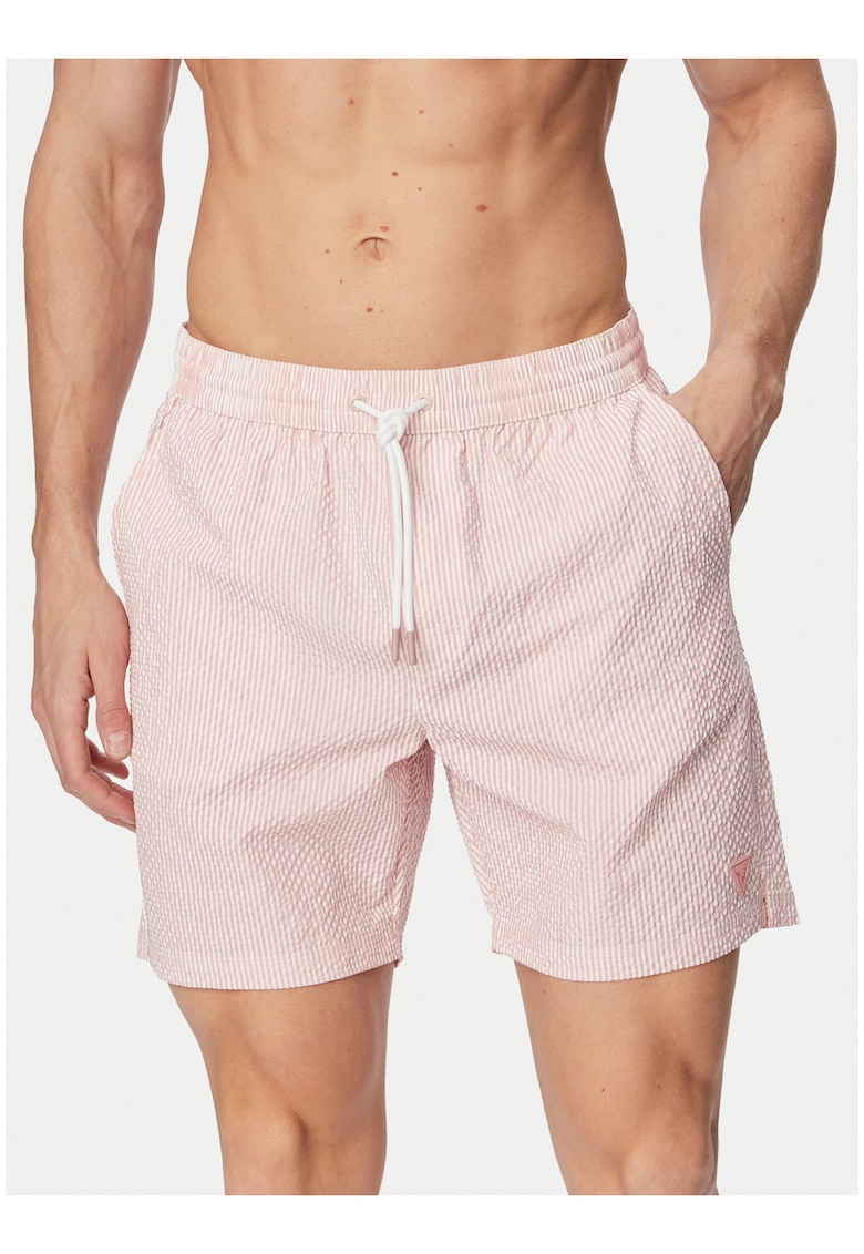 Pantaloni scurti de baie barbati - dungi - alb/roz - poliester