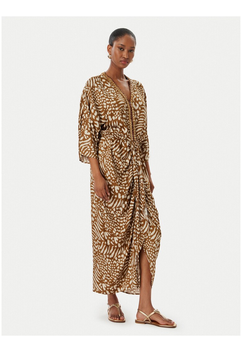 Rochie de vara - Maro/Bej - croiala lejera - maneca trei sferturi - viscoza -