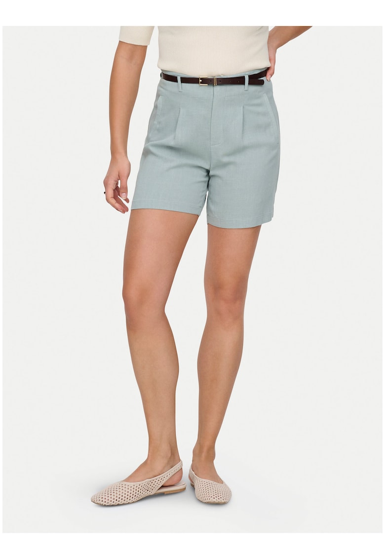 Pantaloni scurti dama - albastru - viscoza si in - talie inalta - croiala regular