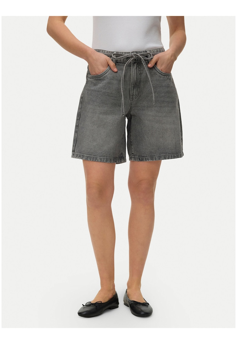 Pantaloni scurti din denim - gri - croiala lejera - set cu curea