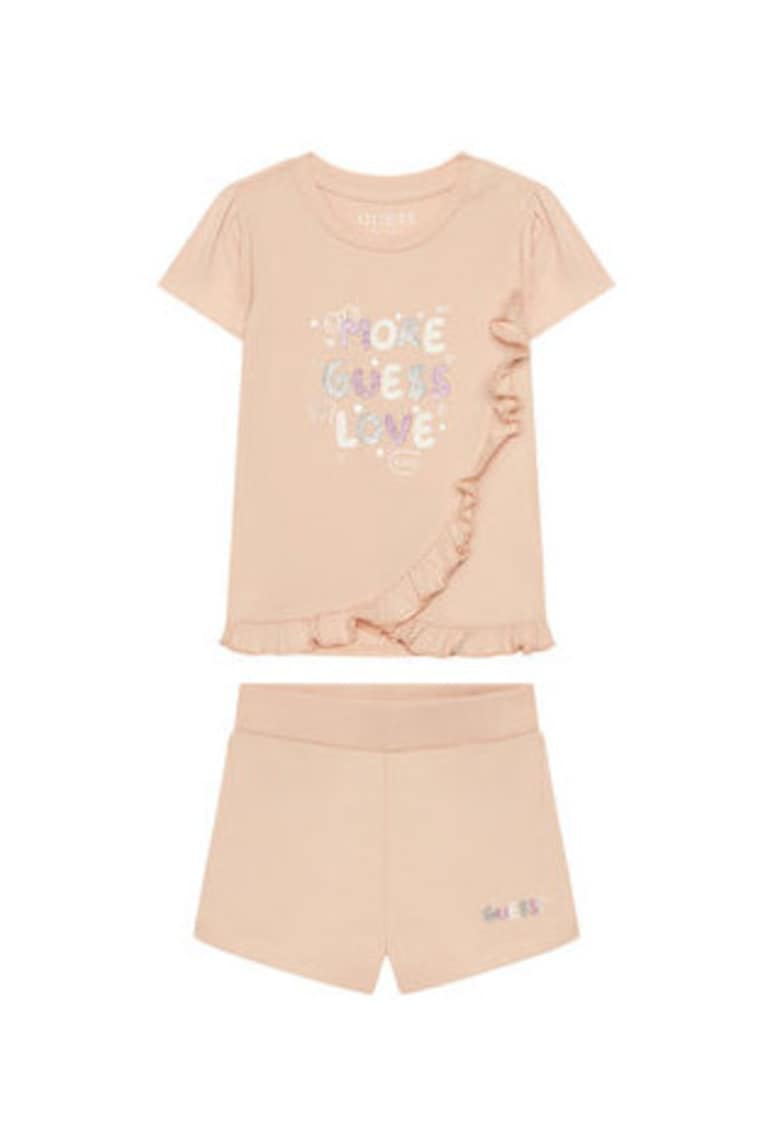 Set pentru fetite - rochie cu volanas si pantaloni scurti - roz - bumbac