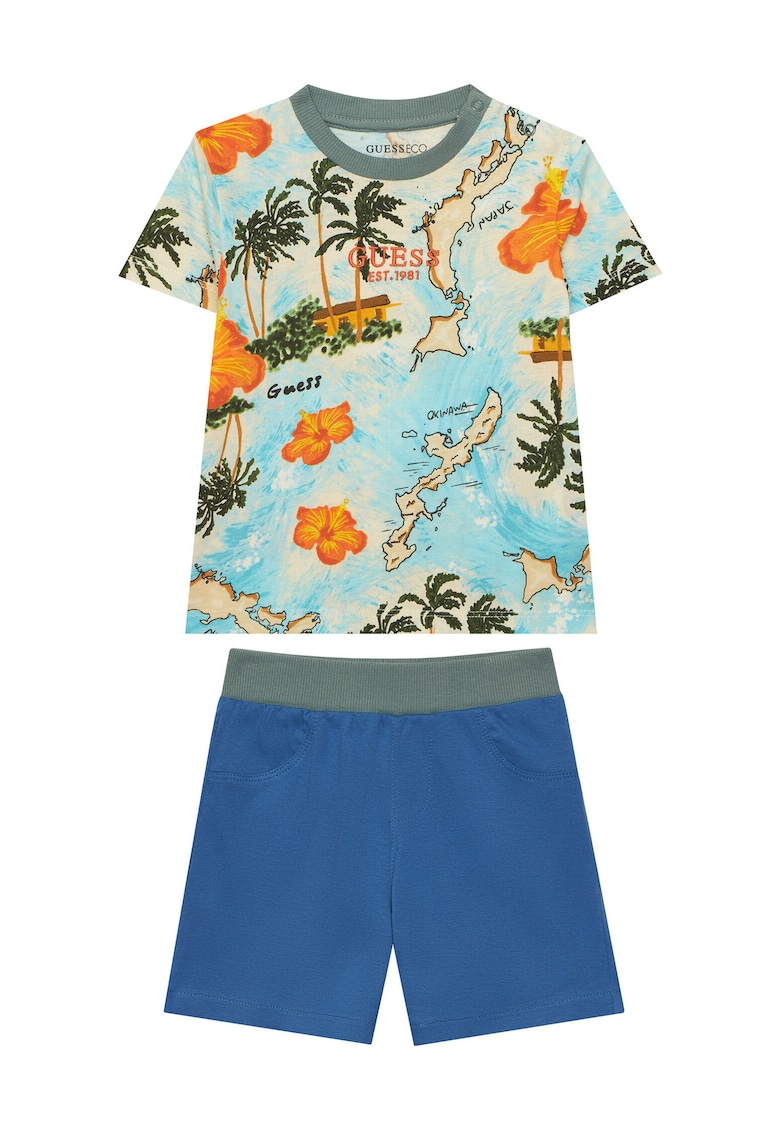 Set pentru baieti - tricou si pantaloni - imprimeu floral - albastru - bumbac