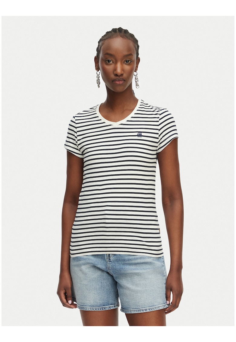 Tricou dama - alb si bleumarin - bumbac organic - imprimeu dungi