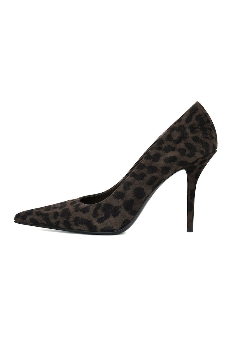 Pantofi stiletto de piele intoarsa cu animal print - Negru stins/Maro pamantiu