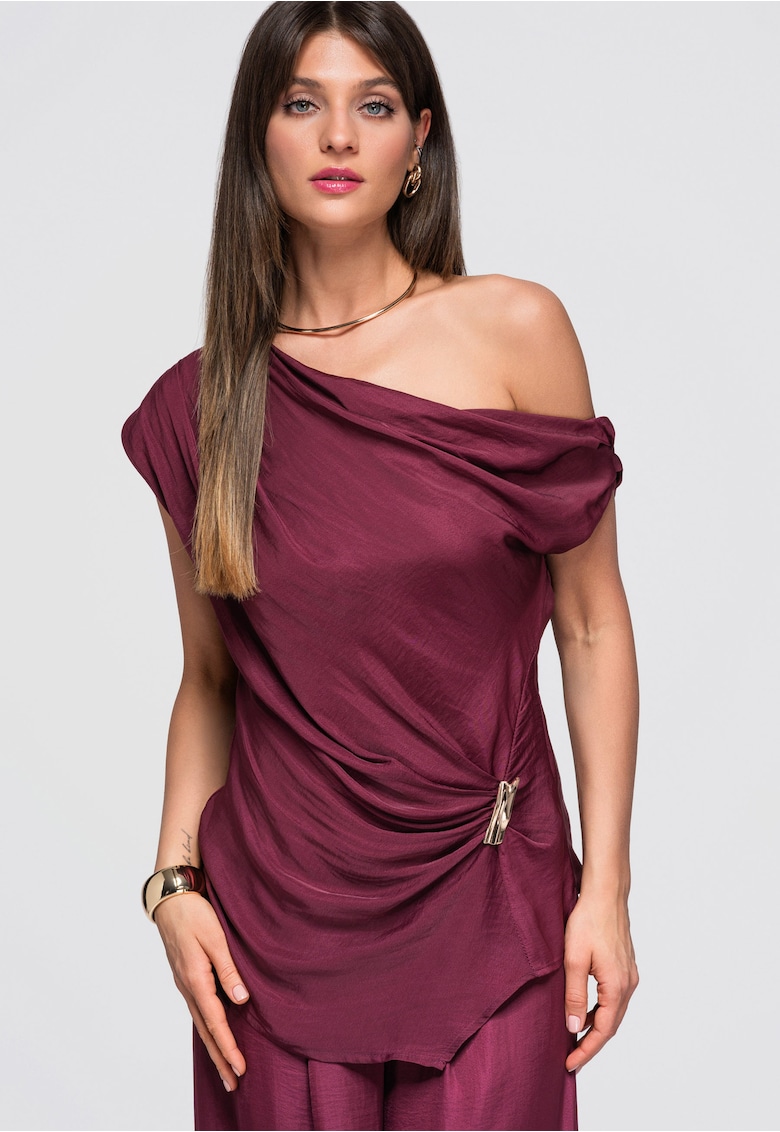 Bluza dama asimetrica cu decolteu inclinat si drapaj - lunga - fara maneci - Mov -
