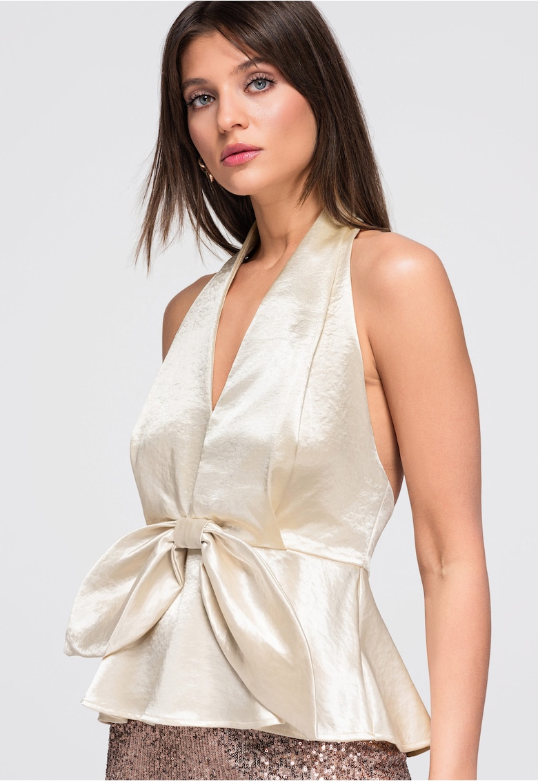 Bluza dama cu decolteu halter - talie evidentiata - material satinat - Crem
