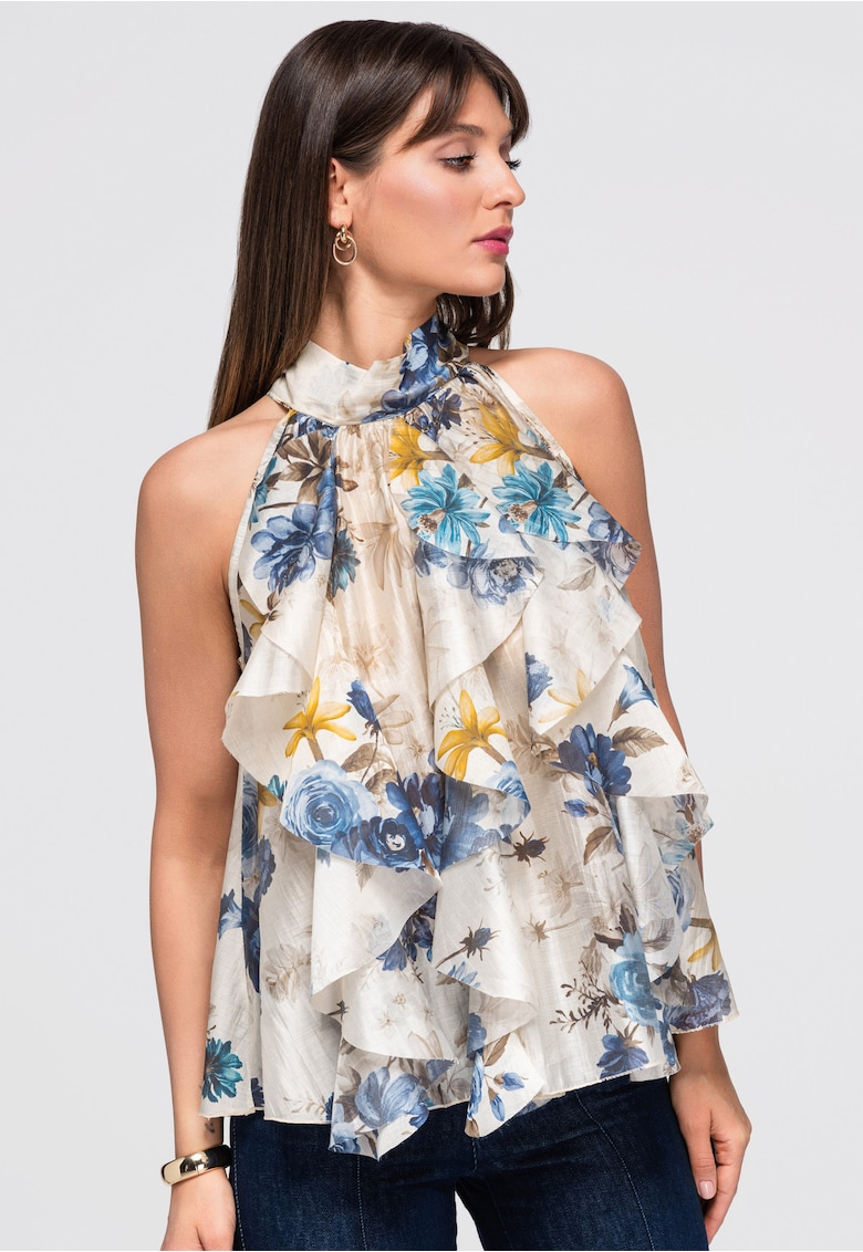 Bluza dama cu decolteu halter - maneci scurte - imprimeu floral OW-TS-E0040 - Albastru