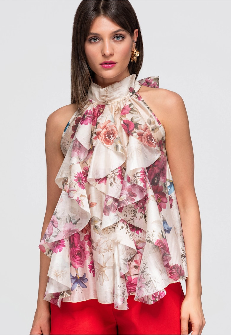 Bluza dama cu decolteu halter - maneci scurte - imprimeu floral OW-TS-E0040 - Roz