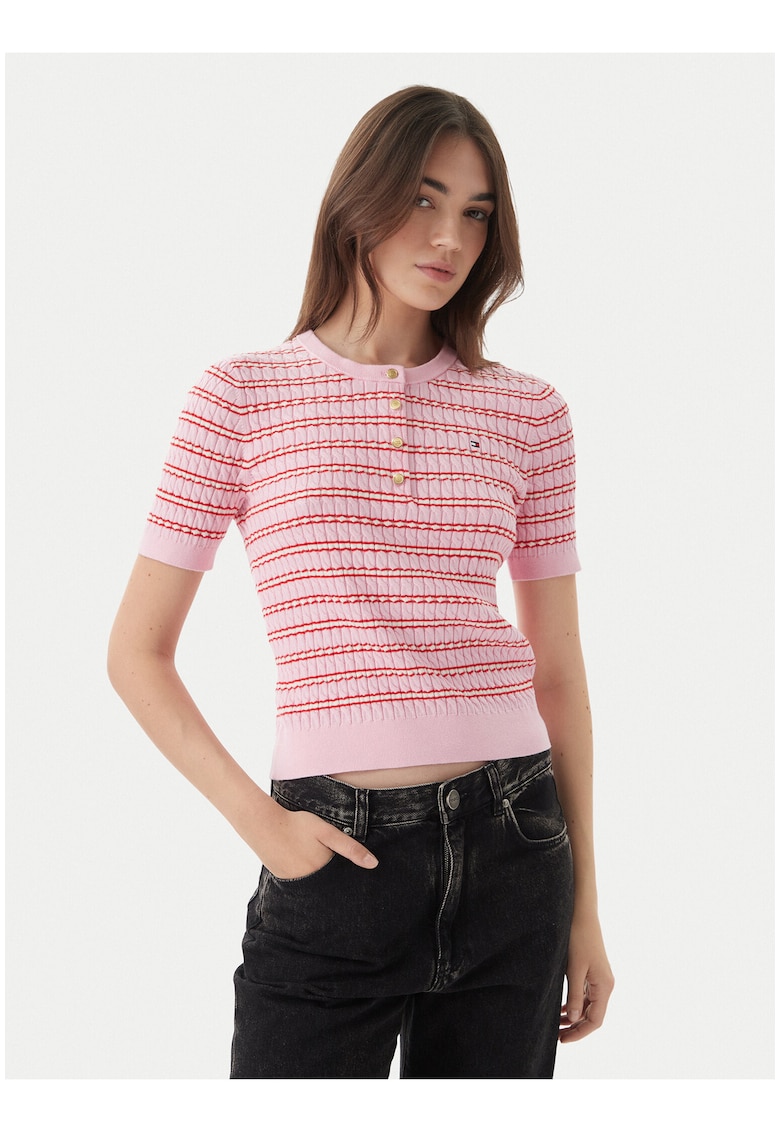 Pulover slim fit cu maneca scurta si model in dungi