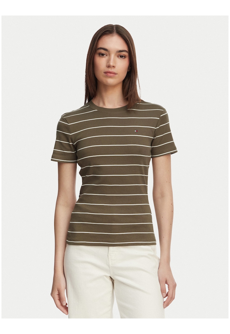 Tricou din bumbac cu dungi si decolteu la baza gatului