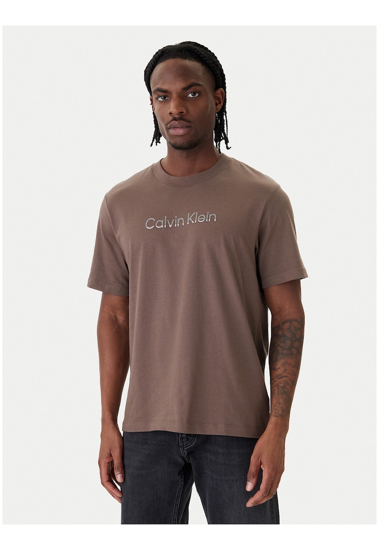 Tricou cu imprimeu logo si decolteu la baza gatului