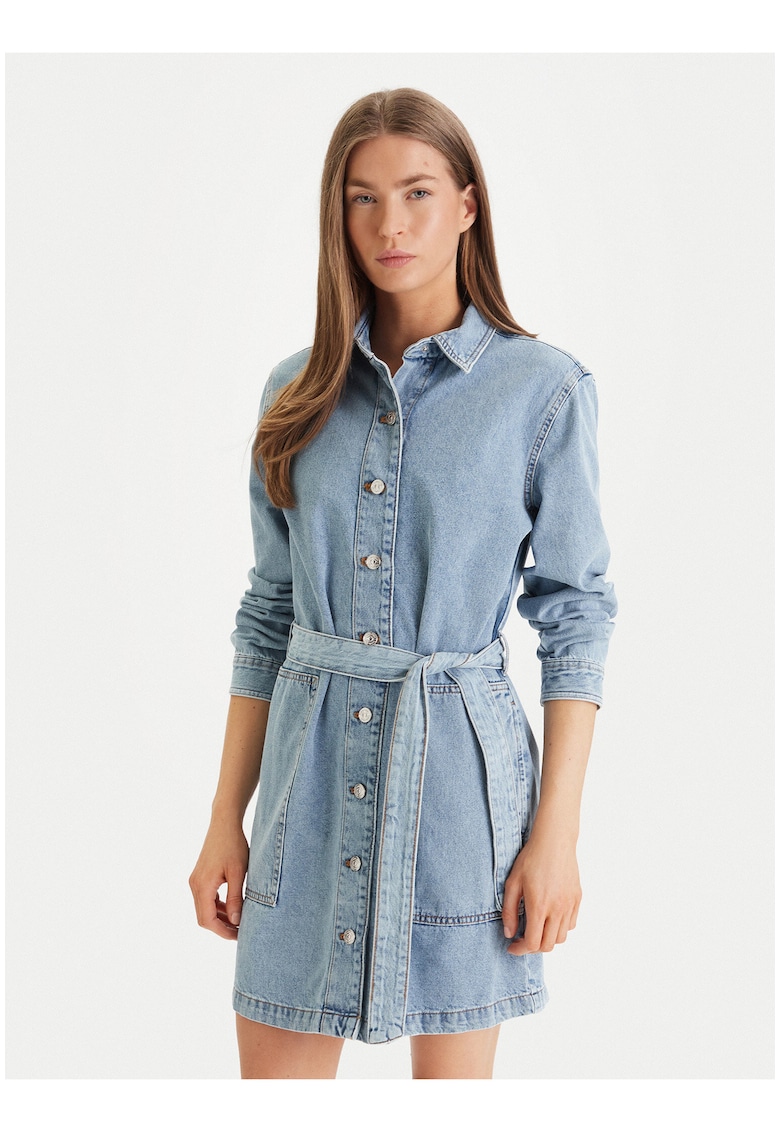 Rochie scurta din denim cu cordon in talie