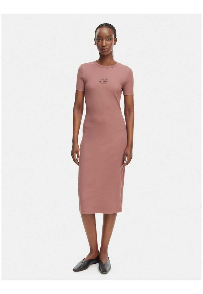 Rochie midi cambrata cu maneca scurta si detaliu logo