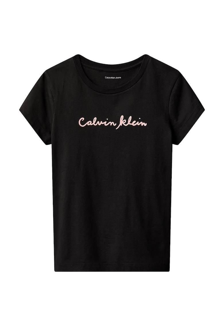 Tricou cu imprimeu logo si decolteu la baza gatului