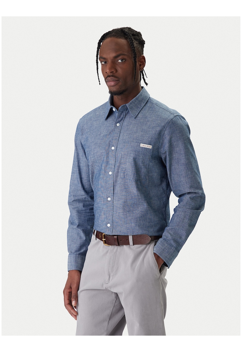 Camasa din bumbac cu model uni si guler clasic -