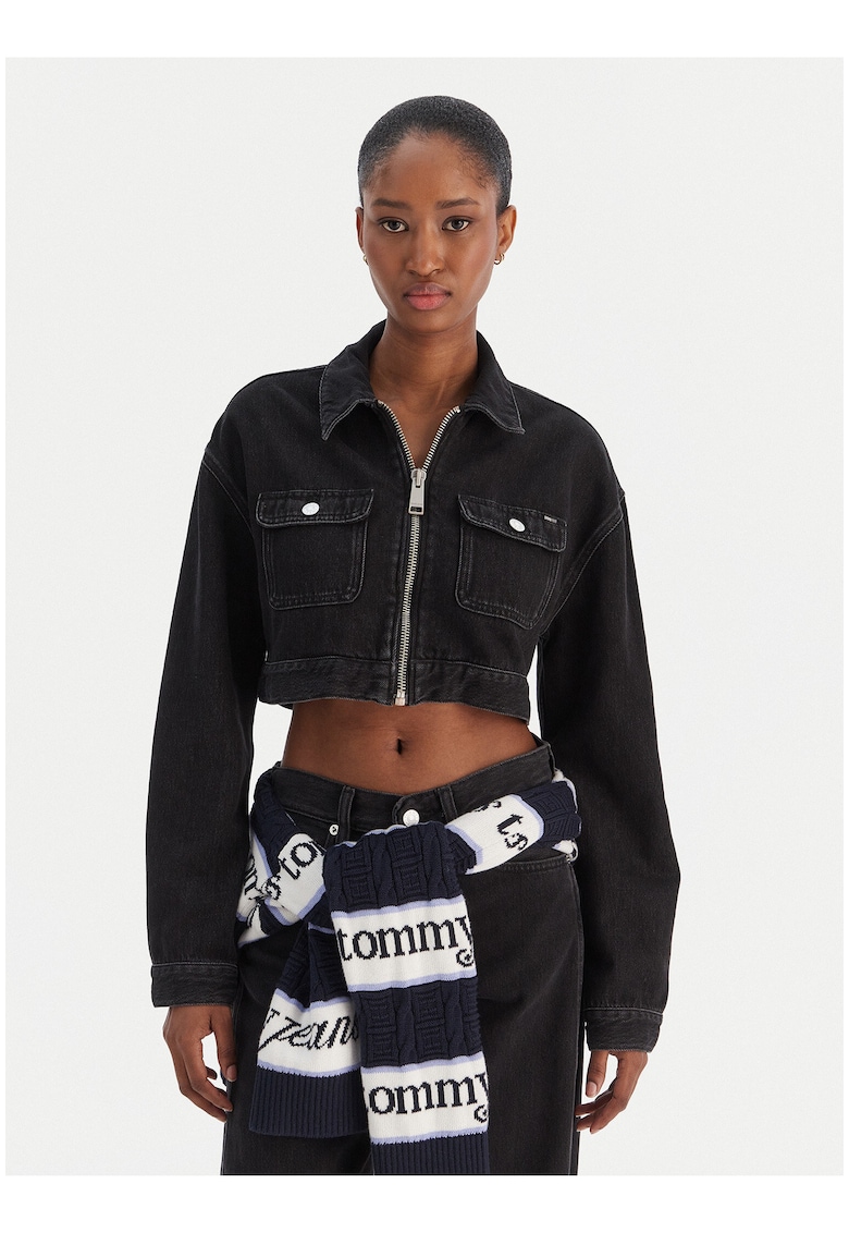 Geaca crop din denim cu doua buzunare