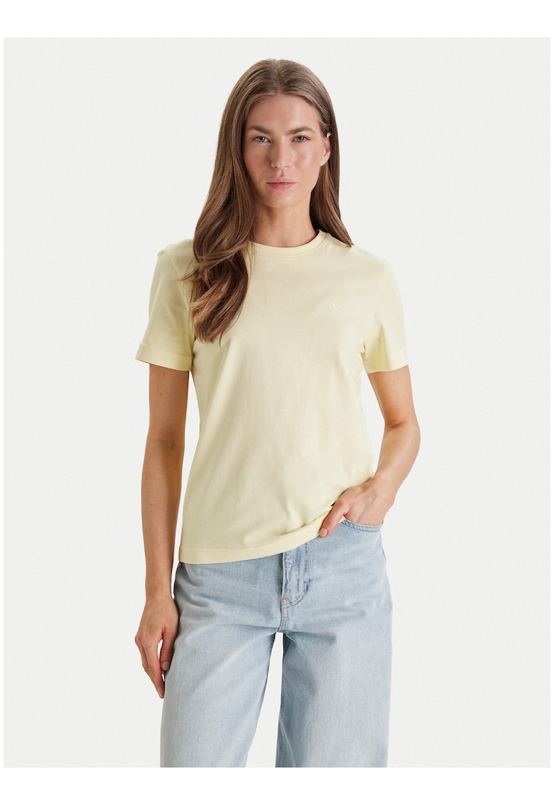 Tricou regular fit din bumbac cu model uni si decolteu la baza gatului